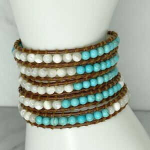 Kelitch Brown Faux Leather Faux Turquoise Beaded Boho Beaded Wrap Bracelet